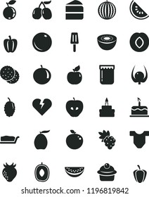 solid black flat icon set Child T shirt vector, broken heart, cake, muffin, piece of, slice, birthday, popsicle, jam, biscuit, orange, grape, apricot, tasty apple, plum, strawberry, blueberry, kiwi