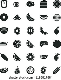 solid black flat icon set cheese vector, pizza, piece of cake, slice, bacon, meat, cucumber, orange, sandwich, water melon, half mango, delicious plum, tangerine, lemon, kiwi, sour lime, coconut