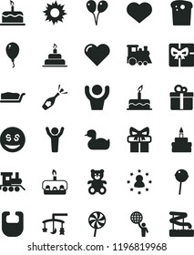 solid black flat icon set heart symbol vector, toys over the cradle, bib, rubber duck, teddy bear, baby toy train, children's, colored air balloons, balloon, cake, birthday, gift, Easter, slice, sun