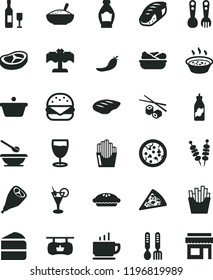 solid black flat icon set plates and spoons vector, plastic fork, iron, coffee, fried vegetables on sticks, pizza, piece of, big burger, cake, pie, a bowl rice porridge, in saucepan, lettuce plate