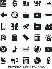 solid black flat icon set camera vector, left direction, bookmark, calculator, line chart, baby bath ball, medical bag, envelope, CD, smartphone, folder, kiosk, pizza, barrel, trees, shopping basket