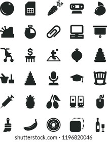 solid black flat icon set clip vector, cradle, sitting stroller, stacking rings, toy, sand set, wooden paint brush, temperature, timer, copy, orange, cornels, medlar, yellow lemon, banana, carrot
