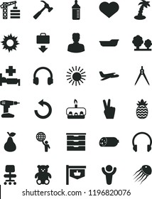 solid black flat icon set heart symbol vector, counterclockwise, storage unit, measuring bottle for feeding, bath, small teddy bear, tower crane, drill, hammer with claw, headphones, sausage, torte