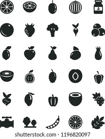 solid black flat icon set jar of jam vector, pear, orange, grape, red apple, plum, strawberry, rose hip, blueberries, mulberry, water melon, mango, passion fruit, yellow lemon, kiwi, sour lime, half