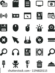 solid black flat icon set mark of injury vector, popsicle, caliper, radiator fan, mouse, motherboard, gpu card, monitor, web camera, router, cd, headphones, browser, trash bin, floppy, wireless, sd