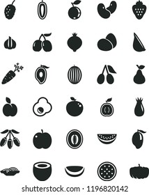 solid black flat icon set eggs vector, slices of onion, garlic, fried egg, strawberry, apple, pear, rose hip, cornels, medlar, blueberry, tasty mulberry, melon, mango, half, goji berry, water slice