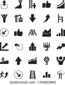 solid black flat icon set upward direction vector, downward, growth up, line chart, a chair for feeding, tower crane, hook, winch, stepladder, ladder, left bottom arrow, thumb, move, right, bar, man