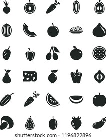 solid black flat icon set piece of cheese vector, onion, porcini, peper, beet, carrot, pear, apple, quince, strawberry, cornels, fig, half medlar, tasty mulberry, melon, slice, water, loquat, plum