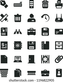 solid black flat icon set laptop vector, wicker pot, clean sheet of paper, suitcase, ntrance door, writing accessories, dust bin, notebook, nightstand, address book, pass card, clip, portfolio
