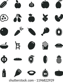 solid black flat icon set feeding bottle vector, a chair for child, loaf, pie, bowl of rice porridge, plate milk, chicken leg, grill, cabbage, cucumber, fried potato slices, omelette, apple, peach