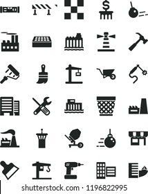 solid black flat icon set wicker pot vector, crane, big core, building trolley, concrete mixer, small tools, cordless drill, paint roller, wooden brush, level, buildings, city block, tile, brick