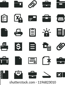 solid black flat icon set clip vector, briefcase, clean sheet of paper, folder bookmark, portfolio, estimate, received letter, notebook, case, suitcase, pass card, delete page, survey, newspaper