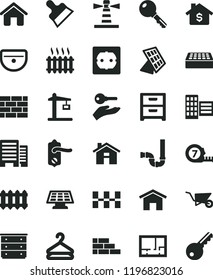 solid black flat icon set house vector, chest of drawers, brickwork, brick wall, building trolley, long meashuring tape, sink, siphon, lay out flat, power socket type f, door knob, buildings, home