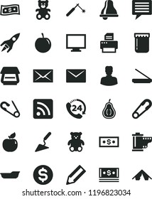 solid black flat icon set bell vector, image of thought, monitor, envelope, camera roll, rss feed, safety pin, open, bath, teddy bear, small, building trowel, 24, jam, apricot, tasty plum, welding