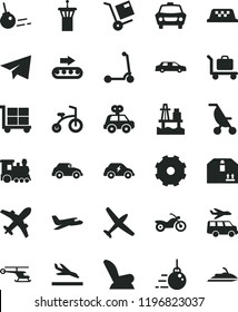 solid black flat icon set truck lorry vector, cargo trolley, paper airplane, car child seat, summer stroller, motor vehicle present, bicycle, Kick scooter, big core, cardboard box, shipment, retro