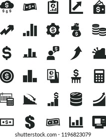 solid black flat icon set growth up vector, dollar, bar chart, calculation, coins, column of, recession, statistical overview, denomination the, research, calculator, cashbox, graph, money bag hand