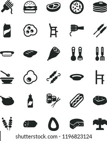 solid black flat icon set plates and spoons vector, a chair for feeding, child, plastic fork, iron, sausage, stick of, cheese, fried vegetables on sticks, pizza, Hot Dog, mini, burger, spaghetti