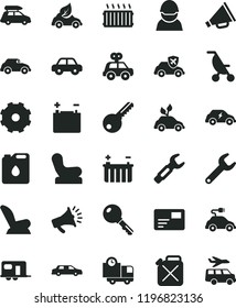 solid black flat icon set truck lorry vector, horn, Baby chair, car child seat, summer stroller, motor vehicle, present, key, pass card, delivery, accumulator, battery, racer, canister, of oil, eco