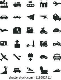 solid black flat icon set paper airplane vector, Baby chair, motor vehicle, toy train, Kick scooter, car, delivery, cardboard box, commercial seaport, battery, production conveyor, electric, retro