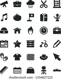solid black flat icon set scissors vector, calendar, briefcase, clock face, hat, storage unit, comb, cloud, child bicycle, shoes, winter, warm, abacus, portfolio, home, star, music, T shirt, folded