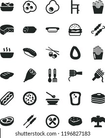 solid black flat icon set plates and spoons vector, a chair for feeding, iron fork, sausage, stick of, cheese, pizza, Hot Dog, mini, burger, spaghetti, noodles, porridge, lettuce in plate, bacon