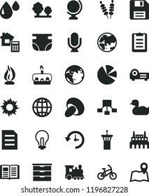 solid black flat icon set incandescent lamp vector, floppy disk, storage unit, nappy, rubber duck, estimate, book, microphone, globe, earth, fried vegetables on sticks, porcini, torte, planet, trees