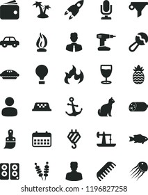 solid black flat icon set desktop microphone vector, beanbag, comb, motor vehicle, hook, drill, plastic brush, employee, anchor, sausage, fried vegetables on sticks, pie, fish, glass, pineapple, man