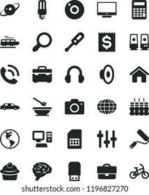 solid black flat icon set camera vector, loudspeaker, electronic thermometer e, plates and spoons, house, new roller, suitcase, radiator, screen, phone call, muffin, planet Earth, mercury light bulb