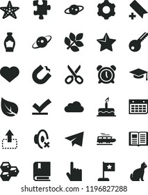 solid black flat icon set heart symbol vector, scissors, alarm clock, add bookmark, paper airplane, silent mode, cake, Puzzle, e, cogwheel, key, star, index finger, book, move up, honeycombs, bottle