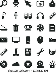 solid black flat icon set mark of injury vector, plummet, unpacking, chili, popsicle, fan, mouse, motherboard, memory, monitor, web camera, cd, scanner, usb flash, headphones, pc speaker, browser