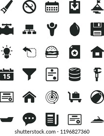 solid black flat icon set download archive data vector, baby bath ball, house, dwelling, hand saw, calendar, speech, move left, burger, lime, valve, caliper, filter, column of coins, scheme, floppy
