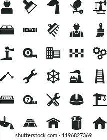solid black flat icon set crane vector, builder, concrete mixer, small tools, measuring tape, long meashuring, wooden paint brush, stepladder, building level, city block, ceramic tiles, brick, home