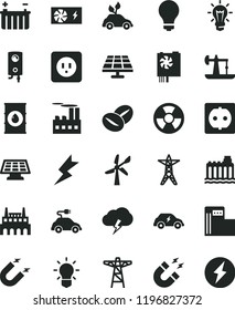 solid black flat icon set matte light bulb vector, power socket type b, lightning, boiler, storm cloud, coffee beans, solar panel, oil derrick, modern gas station, wind energy, battery, line, pole