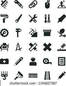 solid black flat icon set paint roller vector, clip, graphite pencil, cross, new abacus, bag of a paramedic, iron fork spoons, winch hook, concrete mixer, small tools, arm saw, measuring tape, mouse
