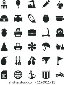solid black flat icon set briefcase vector, pennant, stacking toy, sand set, children's potty, iron fork spoons, balloon, child Kick scooter, warm hat, knife, earth, anchor, umbrella, cornels, valve