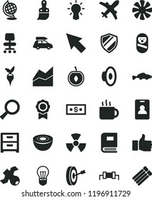 solid black flat icon set loudspeaker vector, line chart, roly poly doll, plastic brush, nightstand, small fish, cup of tea, half cherry, kiwi, radish, bulb, fan, chair, cursor, nuclear, zoom, book