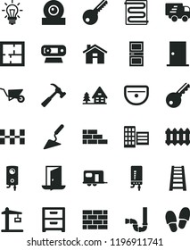 solid black flat icon set house vector, brickwork, brick wall, building trolley, trowel, stepladder, sink, siphon, laying out, key, ntrance door, interroom, city block, ceramic tiles, heating coil