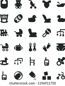 solid black flat icon set cradle vector, toys over the, cot, dummy, mug for feeding, nappy, baby powder, bib, Child T shirt, beanbag, chair, car seat, stroller, carriage, summer, rubber duck, mobile