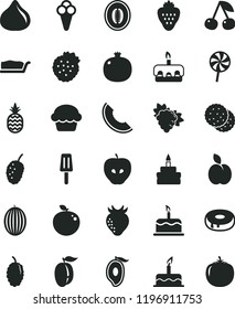 solid black flat icon set cake vector, slice, torte, birthday, with a hole, lollipop, popsicle, cone, strawberry, strawberries, pineapple, apple, biscuit, cherry, pomegranate, branch of grape, tasty