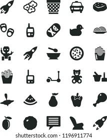 solid black flat icon set image of thought vector, wicker pot, car child seat, baby duckling, tumbler, toy phone, mobile, sand set, deep plate with a spoon, teddy bear, small yule, Kick scooter