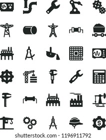 solid black flat icon set repair key vector, crane, tower, helmet, working oil derrick, water pipes, power line, pole, industrial building, factory, enterprise, gear, gears, processor, pipe, steel