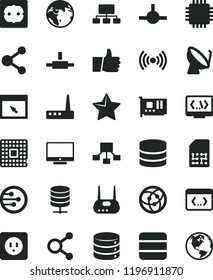 solid black flat icon set power socket type b vector, f, star, thumb up, screen, big data, server, processor, satellite dish, SIM, connection, connections, scheme, hierarchical, cpu, pc card, router