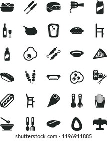 solid black flat icon set plates and spoons vector, a chair for feeding, child, plastic fork, iron, stick of sausage, cheese, fried vegetables on sticks, piece pizza, Hot Dog, mini, noodles, pie