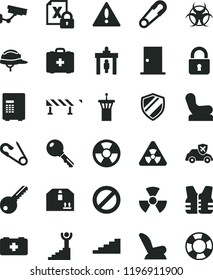 solid black flat icon set warning vector, prohibition, Baby chair, car child seat, safety pin, open, bag of a paramedic, medical, key, ntrance door, helmet, road fence, lock, cardboard box, nuclear