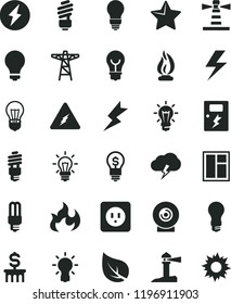 solid black flat icon set lightning vector, matte light bulb, window, saving, power socket type b, dangers, star, storm cloud, lens, leaf, pole, energy, mercury, lighthouse, coastal, electricity