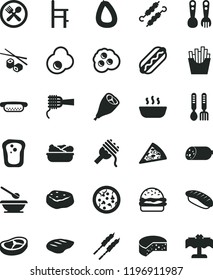 solid black flat icon set plates and spoons vector, a chair for feeding, plastic fork, iron, sausage, stick of, cheese, pizza, piece, Hot Dog, mini, burger, spaghetti, noodles, porridge, bacon, chop