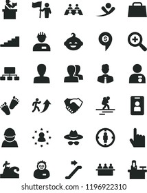 solid black flat icon set zoom vector, woman, women, hat with glasses, funny hairdo, children's tracks, workman, employee, index finger, racer, court hearing, goal, scheme, hand shake, bag, stairway