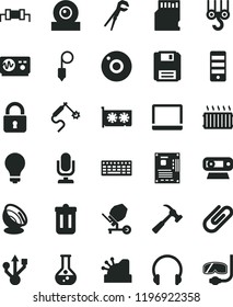 solid black flat icon set camera vector, desktop microphone, matte light bulb, winch hook, concrete mixer, adjustable wrench, plummet, hammer with claw, lock, headphones, clip, flask, gas welding