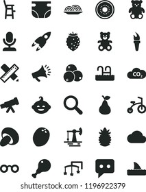 solid black flat icon set magnifier vector, toys over the cot, nappy, a chair for feeding child, teddy bear, small, funny hairdo, bicycle, writing accessories, onion, porcini, chicken leg, pear, CO2