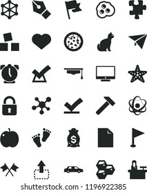 solid black flat icon set heart symbol vector, clean sheet of paper, pennant, footprints, cubes for children, Puzzle, hammer, lock, alarm clock, flag, screen, move up, pizza, omelette, honeycombs